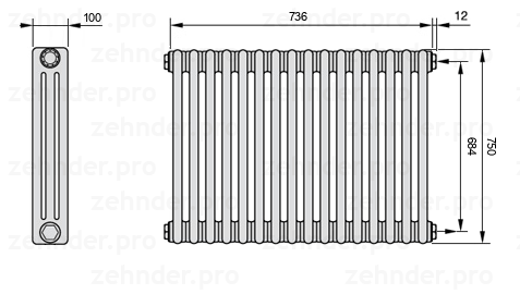 Схема (чертеж) Радиатор Zehnder Charleston 3075/16 №7610 Белый глянцевый RAL 9016